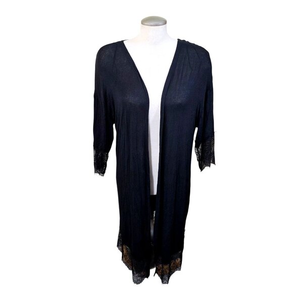 Vintage Womens Sheer Peignoir Dressing Gown Large Black Longline Lace Trim Sexy - Picture 2 of 10